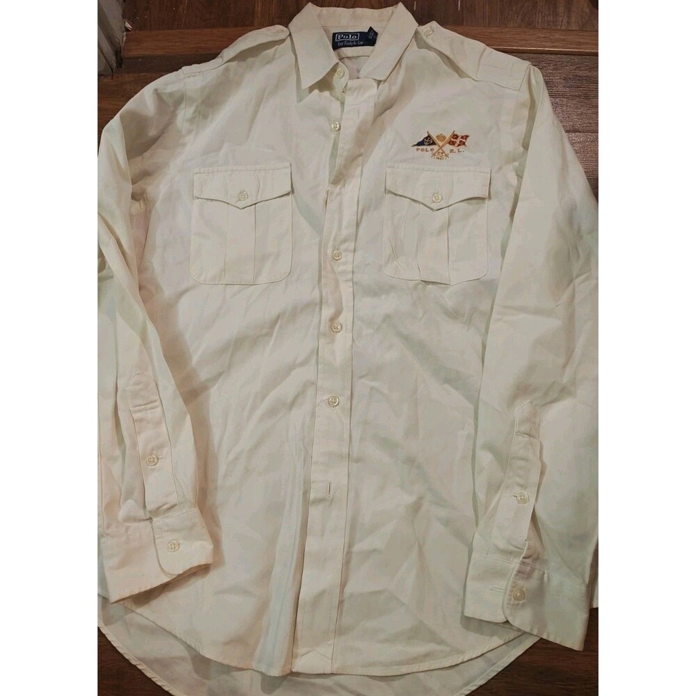 Polo Ralph Lauren Button Up Shirt Mens Medium White Military Epaulets Flags